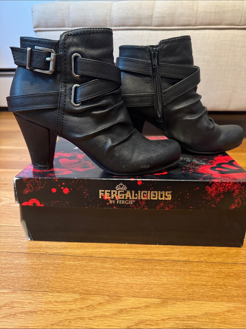 Fergalicious Black Decorative Buckle Strap Zipper Ankle Booties